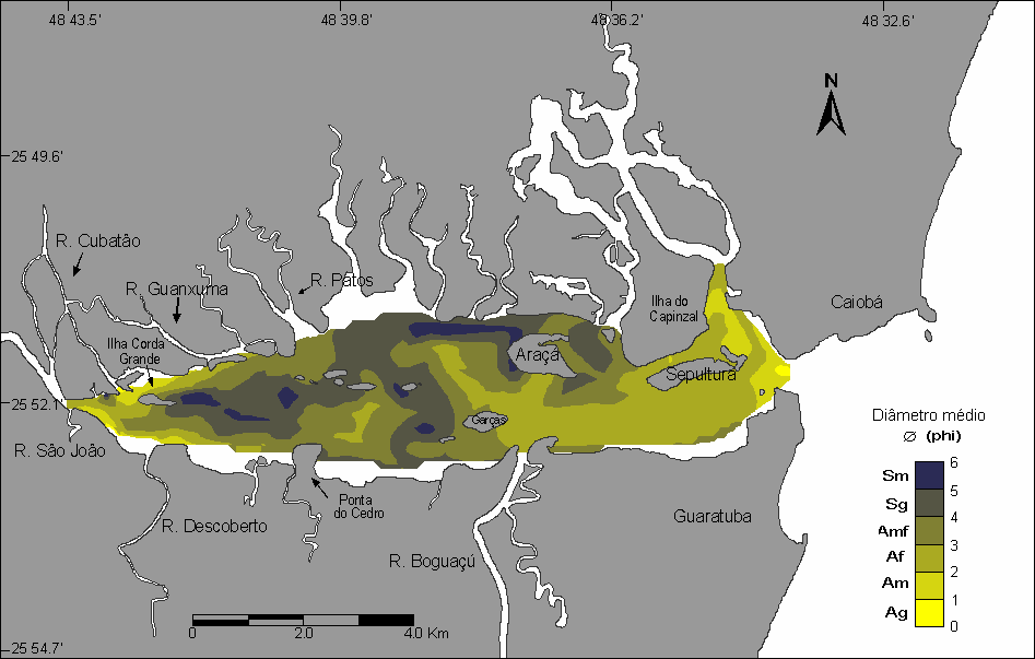 definir um limite morfológico para o fundo do estuário, separando-o em duas regiões: a região rasa M1 (sentido Ilha das Garças-montante-oeste) e a região profunda M2 (sentido Ilha das