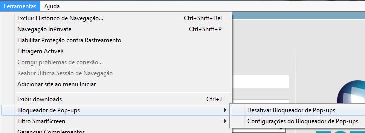 Configuração de Pop-ups Para desativar o bloqueador de Pop-ups no Internet Explorer aperte a tecla ALT do teclado para acesso
