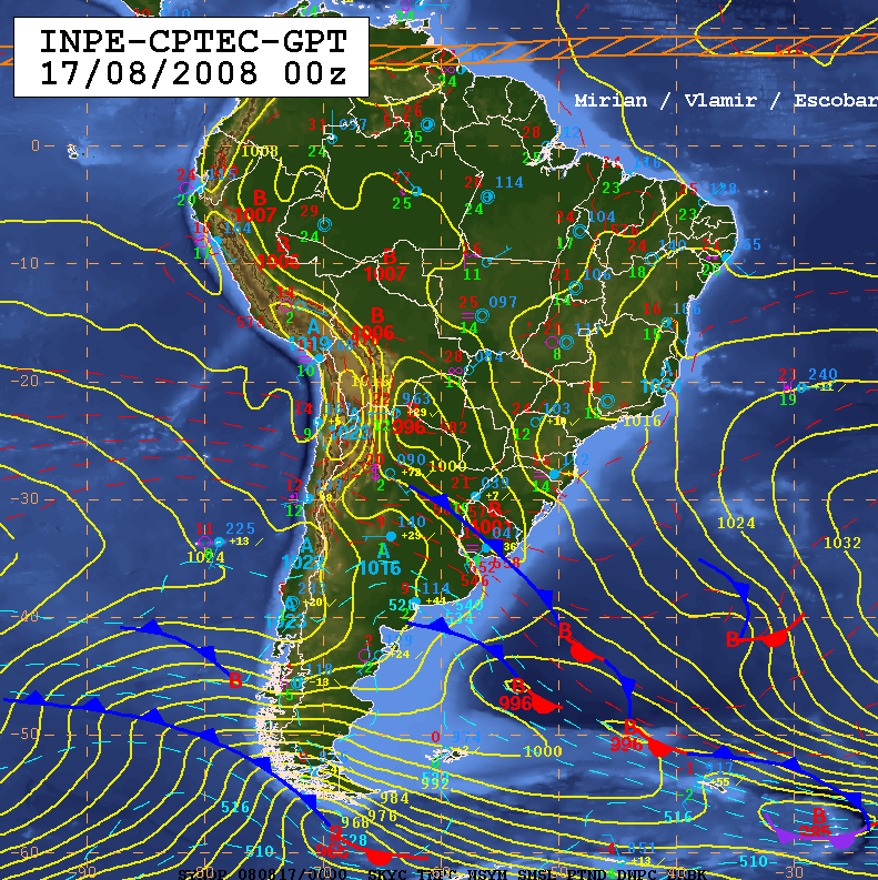 de corrente em 850hPa, 17/08/2008 às 00z Em altitude o Jato Subtropical (JST) e o Jato Polar Norte (JPN), estão acoplados e