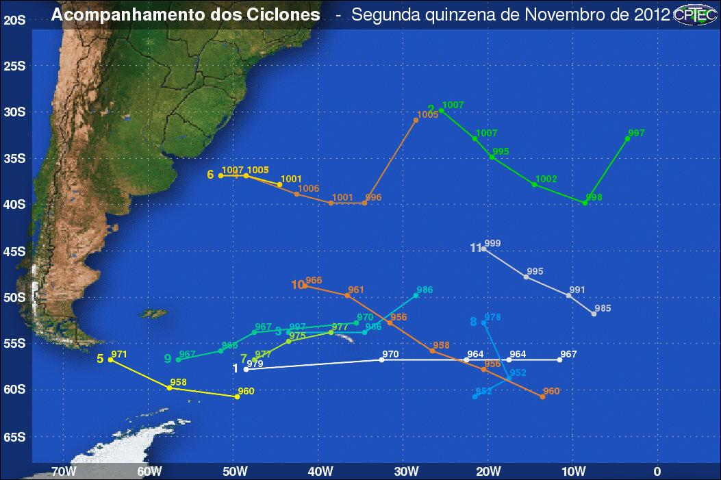 Figura 5a: Acompanhamento dos ciclones ocorridos durante a primeira quinzena do mês de novembro de 2012. Em cada ponto está plotado o valor mínimo de pressão do ciclone (00 e 12Z).