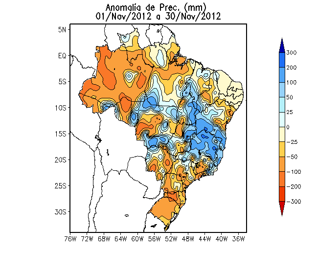 significativa em toda a Região Sul, grande parte de MS e de SP, sul de MG e do RJ, que repercutiu praticamento ao longo de todo o mês. Figura 6: Anomalia de precipitação do mês de novembro de 2012. 3.