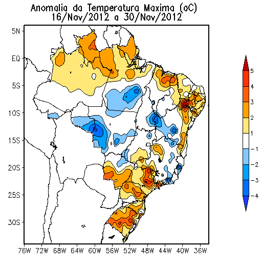 Figura 7: Anomalia de temperatura máxima do mês de novembro 2012. A figura abaixo mostra a distribuição espacial da anomalia de temperatura mínima para o mês de novembro de 2012.