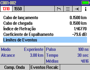 Modo OTDR: Características da Página de Informação A página de informação apresenta a forma como o teste foi criado. Use as teclas para destacar o parâmetro de configuração pretendido.