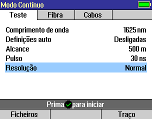 Definições de Teste: Modos Gerais de Teste do OTDR Parâmetro de Configuração Comprimento de onda Definições auto Totalmente Automático Tempo Real Modo de Teste do OTDR de Âmbito Geral Experiente