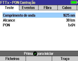 Teste PON Se definido para [Cliente de Fibra Só], testa apenas a divisão. Se definido para [Através da Divisão], testa o cliente e fibra de alimentação.