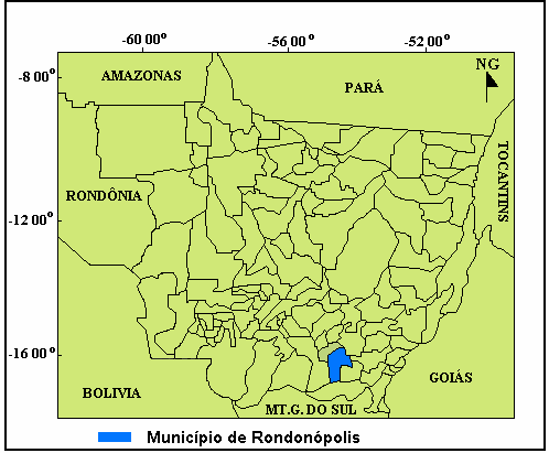 INTRODUÇÃO Este estudo foi realizado na cidade de Rondonópolis, envolvendo o perímetro urbano e periurbano, totalizando uma área de aproximadamente 91 km 2.