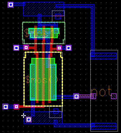 Figura 27: Layout AND de três entradas. Com base nesses blocos fundamentais, o restante dos circuitos foi desenhado.