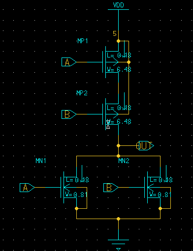 Abaixo o esquemático das portas lógicas NAND e NOR utilizadas, os canais dos transistores foram dimensionados de maneira que a resistência equivalente dos transistores P e dos transistores N