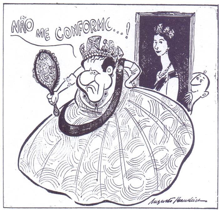 e) 3,1,2 9) A charge a seguir, de Augusto Bandeira, foi publicada em agosto de 1962, no jornal Correio da Manhã Ela representa o presidente João Goulart, vestido de rainha, tendo, ao fundo, o quadro