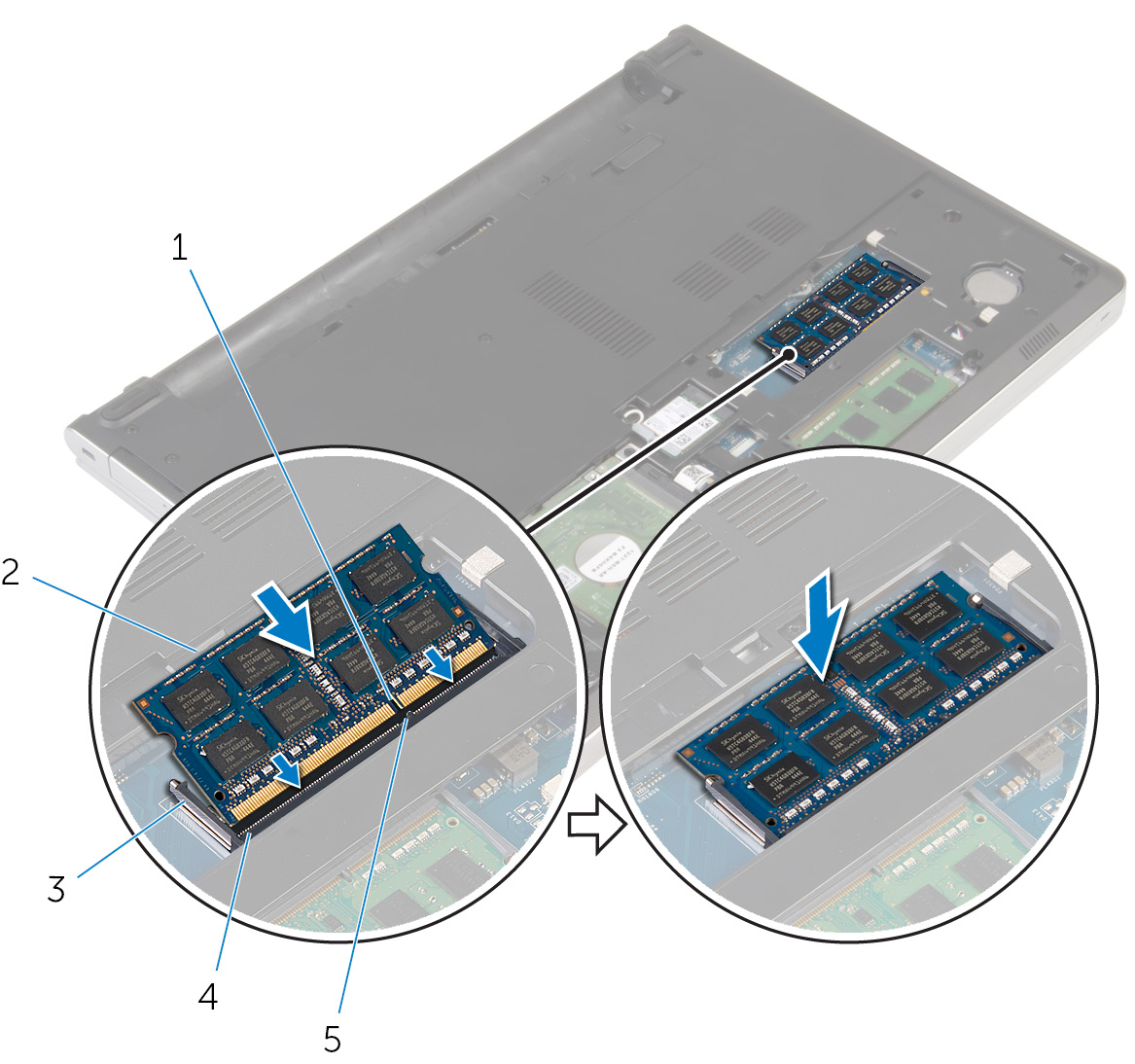 2 Deslize inclinadamente o módulo de memória com firmeza para o conector e pressione o módulo até ouvir um clique de encaixe.