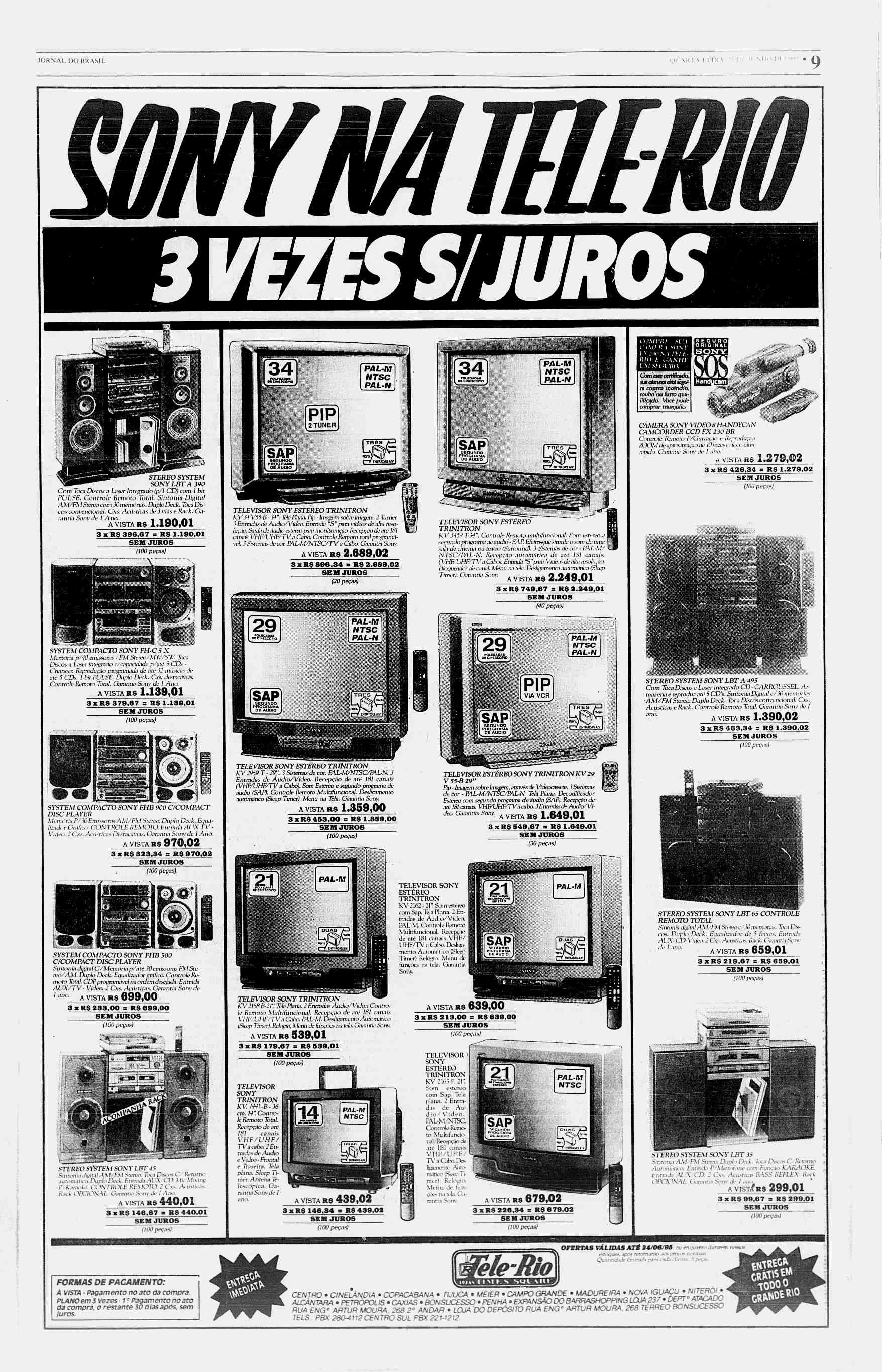 JORNAL DO BRASIL m m 3 VEZES S/JUROS 2TUNER CÀMERA SONY VÍDEO 8 HANDYCAN CAMCORDER CCD FX 230 BR Controle Remoto P/Gravação c Reprodução.