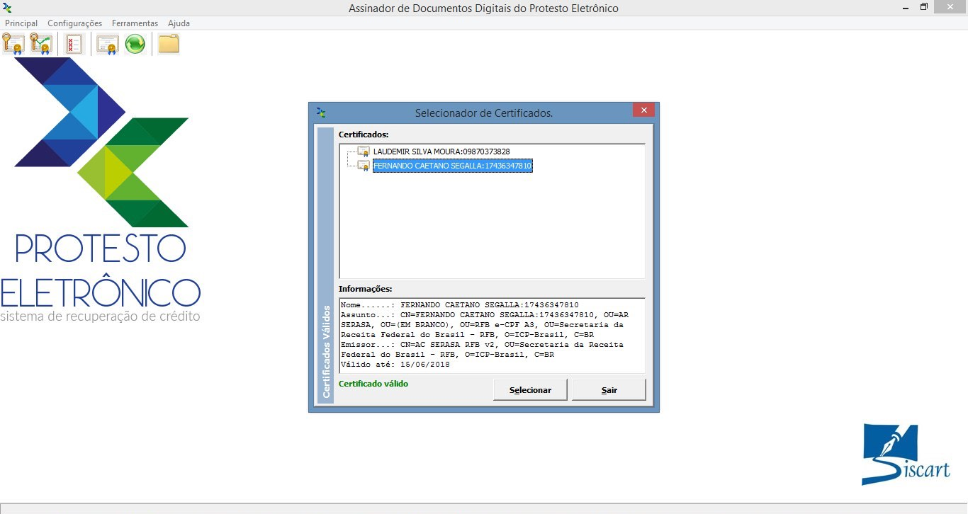 7. Selecionador de Certificados Para selecionar um certificado digital para utilização padrão, na tela principal do sistema, clique no quarto ícone da barra de ferramentas.