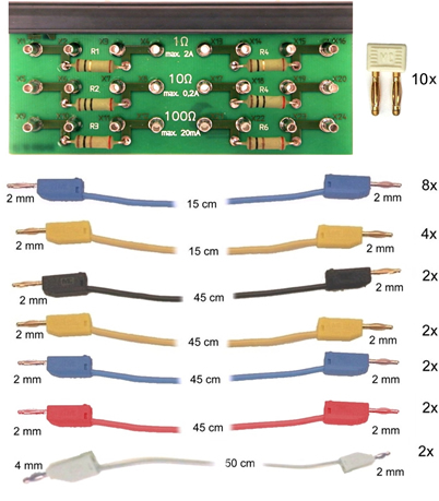Acessórios: 3 Acessórios de medição UniTrain, shunts e cabos de ligação SO4203-2J 1 Resistências shunt numa placa de circuito impresso, para medição de corrente com entradas analógicas do sistema