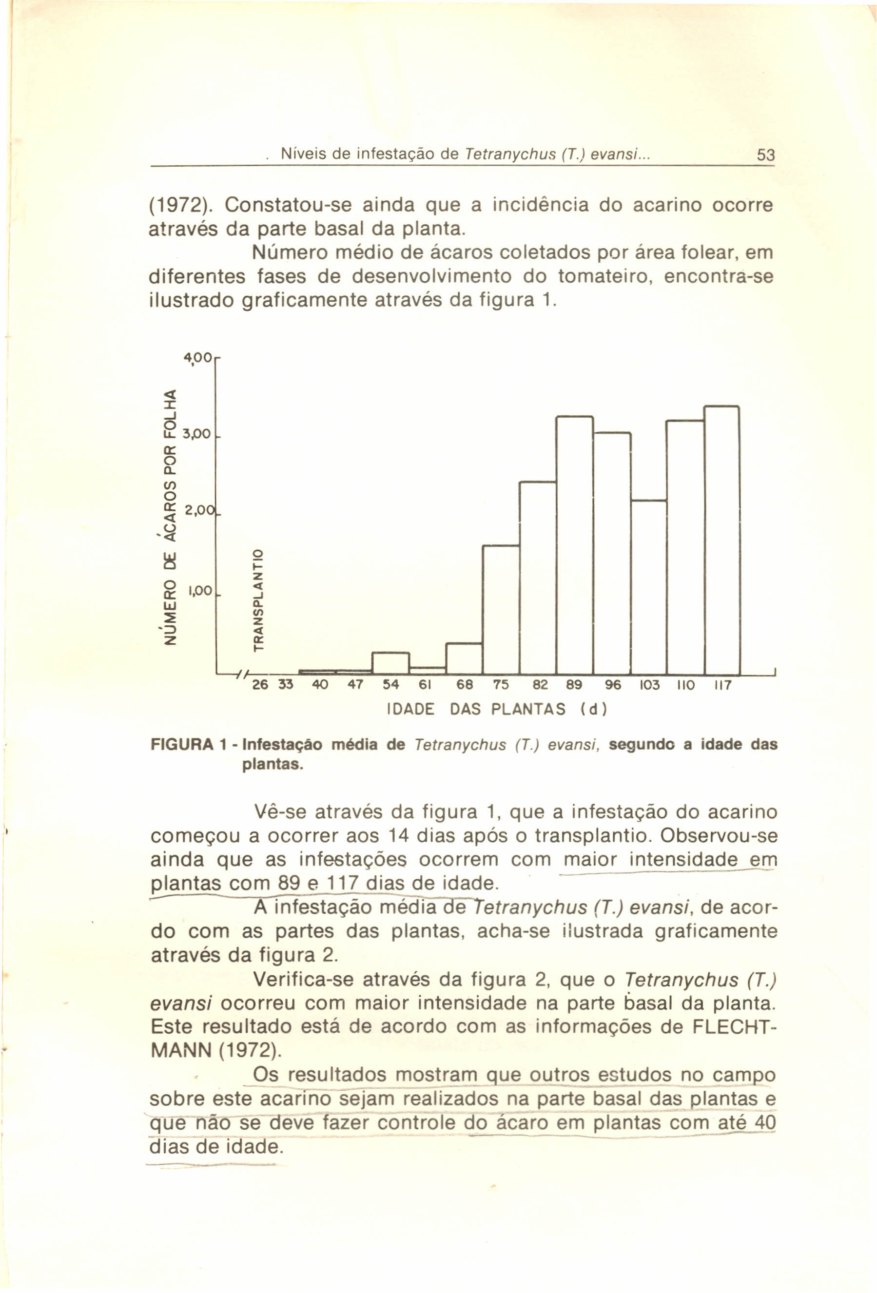 Níveis de infestação de Tetranychus (T.) evansi... 53 (1972). Constatou-se ainda que a incidência do acarino ocorre através da parte basal da planta.