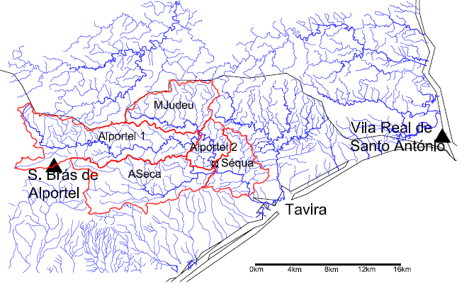 Fig.6.14 Rede hidrográfica da bacia hidrográfica da Ribeira do Alportel Calculados todos os parâmetros mencionados anteriormente, passou-se ao cálculo dos parâmetros descritivos de cada sub-bacia.