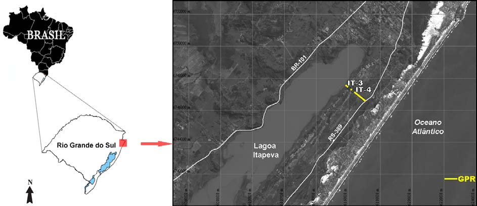 Localização geral da área de estudo, perfil de GPR e sondagens IT-3 e IT-4. 2.