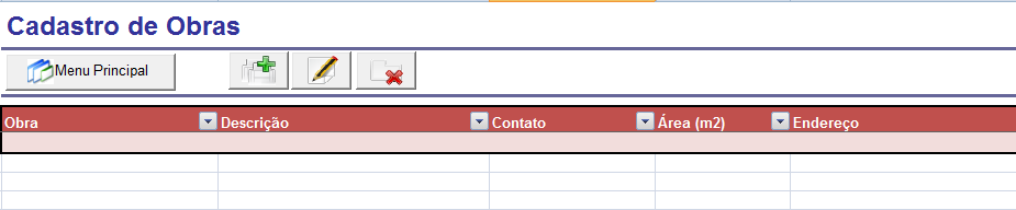 Cadastrando Obra: Pressione o botão "Obras" (seção de cadastros) onde será mostrada uma tela conforme imagem abaixo: Figura 14 - Lista de Obras pressione o botão com símbolo de + para adicionar uma