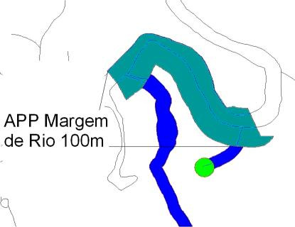 Desse plano de informações, foi gerado um mapa de distância correspondente a 50 m de raio a partir do ponto central, produzindo o mapeamento da classe de APP Nascentes. Figura 3.
