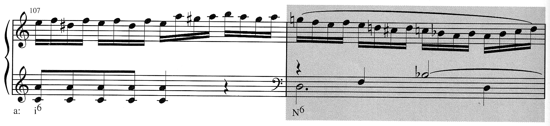 334 Harmonia Tonal - Stephan Kostka & Dorothy Payne (6 a ed.) O acorde no c. 108 do Exemplo 22-9 contém todas as notas de um acorde napolitano, mas ele não progride para o V.