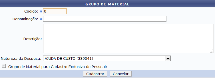 Cadastro de Grupo de Material Cadastro de Grupo de