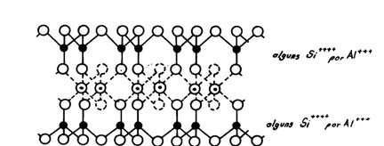 de sílica O alumínio pode ser substituído por Mg ou Fe, que origina um excesso de valência negativa A água penetra com grande facilidade, dando a