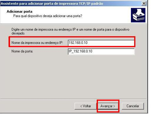 17- Na opção Nome da impressora ou endereço IP deve ser digitado o