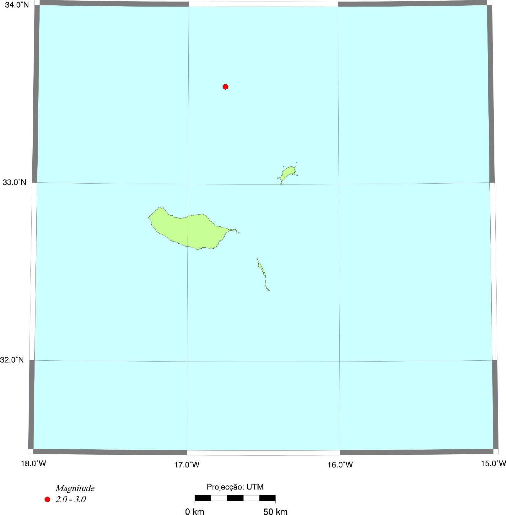 Resumo da Sismicidade - Madeira Na Figura apresenta-se o mapa de sismicidade do Arquipélago da Madeira e área adjacente. Figura. Sismicidade registada pela Rede Sísmica Nacional no período de 2/ 9/ 2/ 9/ 3 no Arquipélago da Madeira e região adjacente.