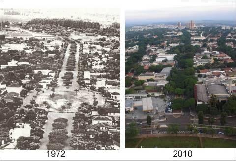 Figura 3 - Avenida Cerro Azul, eixo estruturador em 1972 e 2010 As vias predominantes, que marcam a imagem do bairro, desde o plano inicial, são traçadas por um eixo estruturador, constituído pela