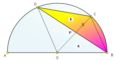 5) Como a área do triângulo PCD é igual a área do triângulo PBO, podemos afirmar que a área da região hachurada é igual a área do setor circular de 5.