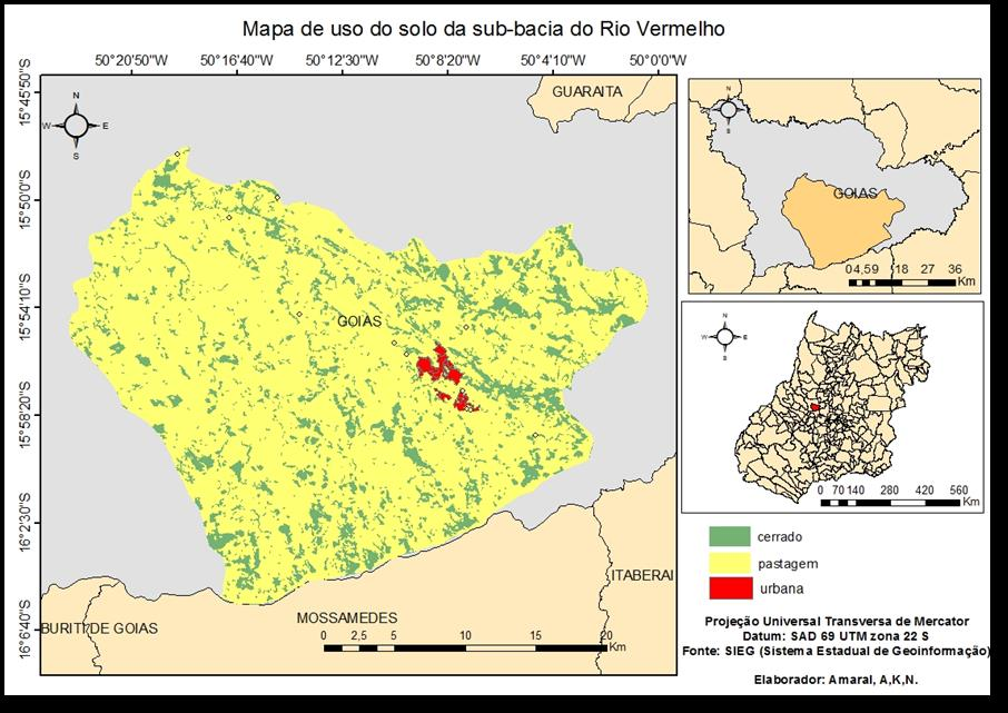 3.3 Usos do solo da bacia No uso do solo 83% da área é convertida em pastagem, 16% agricultura e somente 1% de área urbana (Figura 5). Figura 5 : Mapa de uso de solo da sub-bacia do Rio Vermelho 3.