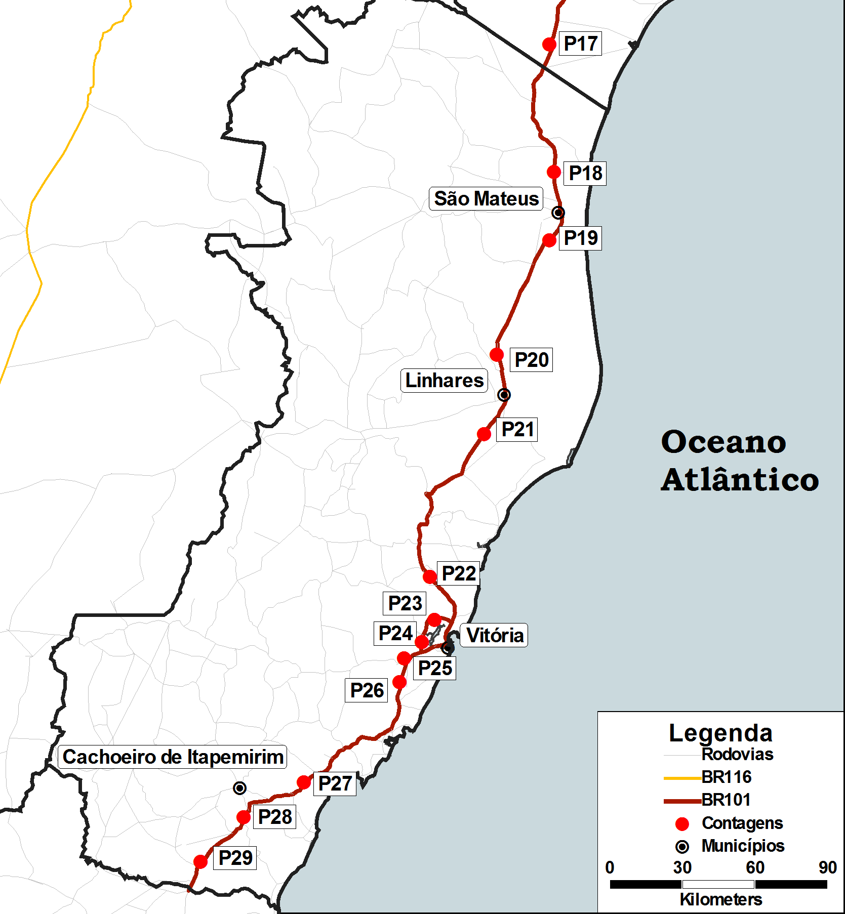 Descrição do estudo BR-101 / ES Trecho: BR-101/ ES com os postos de contagem Dados gerais / situação Dados gerais BR-101 / ES : 461 km Postos de contagens de P18 a P29 Postos de pesquisa O/D e