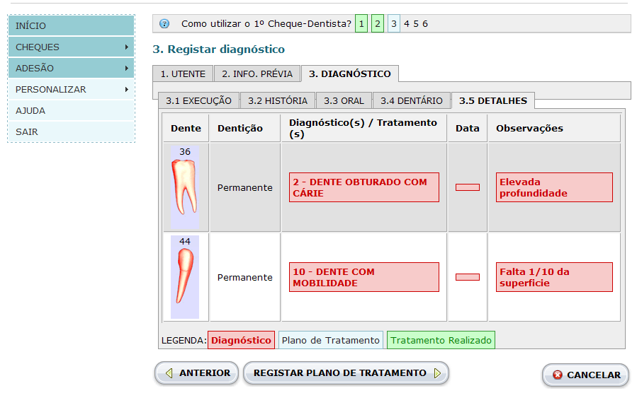 diagnósticos dentários efectuados.