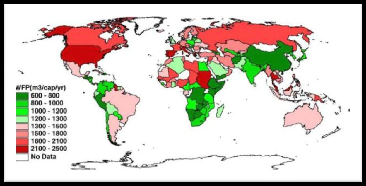 Capítulo 2 - Revisão Bibliográfica Figura 2 - Pegada Hídrica de diferentes países (m 3 /habitante/ano) (Hoekstra & Chapagain, 2008).