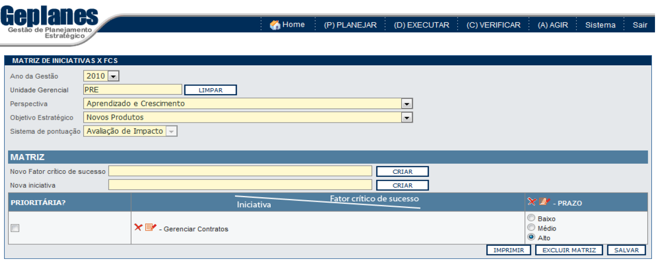 Para excluir uma matriz de iniciativas x fatores críticos de sucesso, clique em.