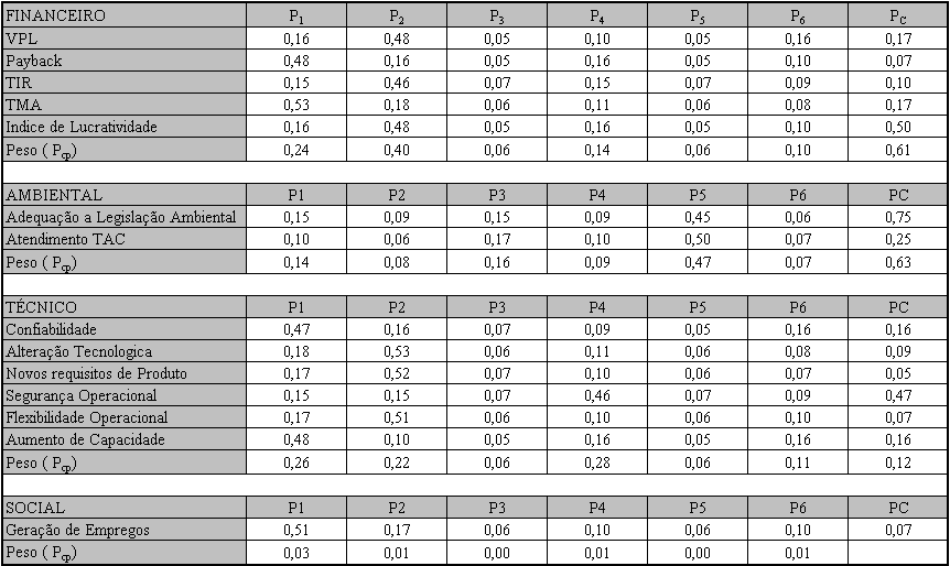 Tabela 7: Matriz Completa com Pesos entre Critérios e Projetos Após o cálculo do Peso de cada sub-critério acima, é possível atribuir o peso de cada um dos critérios.