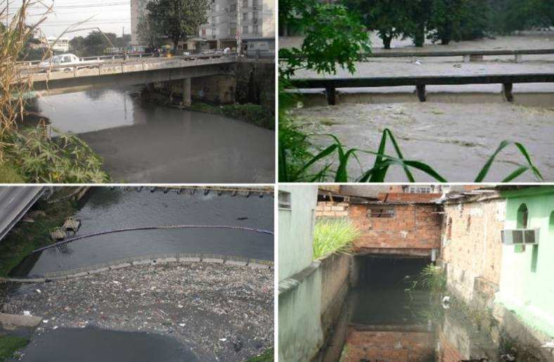 enchentes que são muito comuns ocorrerem na bacia do rio Alcântara, visto que é a maior de São Gonçalo e se encontra bastante urbanizada. (Figura 4) Figura 4: Fotos ao longo do curso do Rio Alcântara.