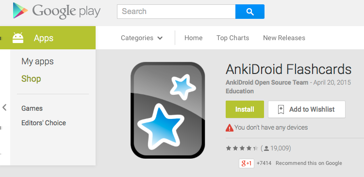 Sexta etapa: Instalar a aplicação Ankidroid Agora é necessário instalar a aplicação "Ankidroid" no tablet ou no smartphone. A aplicação encontra-se na "Google play" e é gratuita.