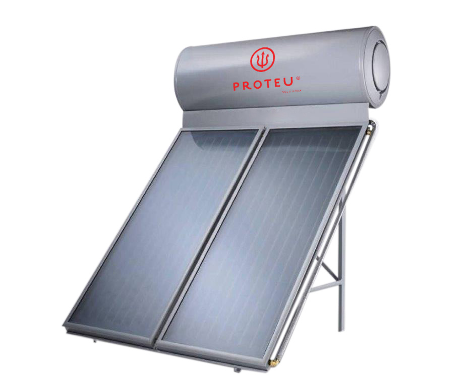 5 Solar Kit ES termossifão inox Proteu Inclui: 2 Painéis solares Seletivos Proteu; Estrutura de suporte; Acumulador Inox 316 L; Acessórios de interligação com isolamento.