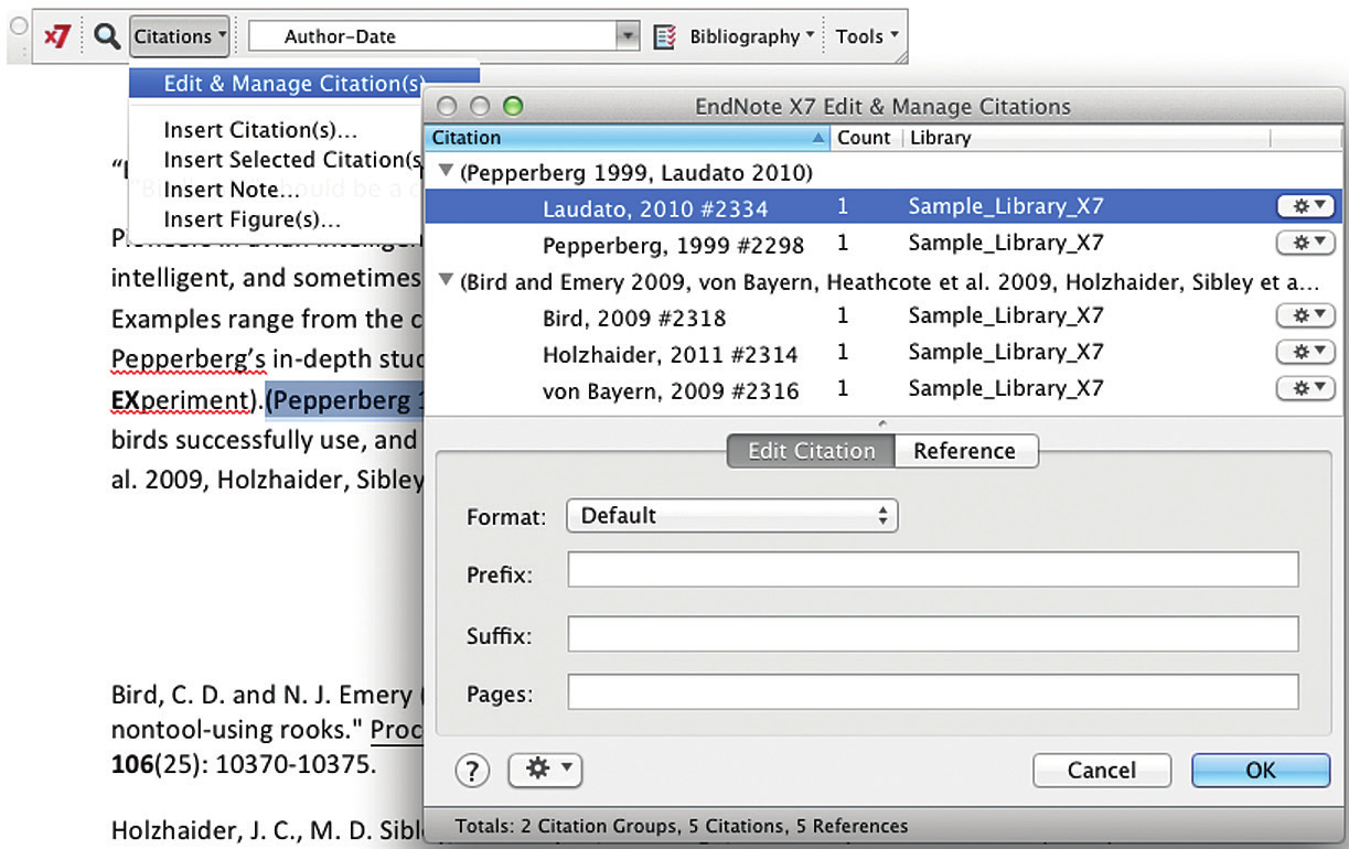 Utilize este comando para procurar uma referência na sua biblioteca do EndNote e insira-a no seu documento.
