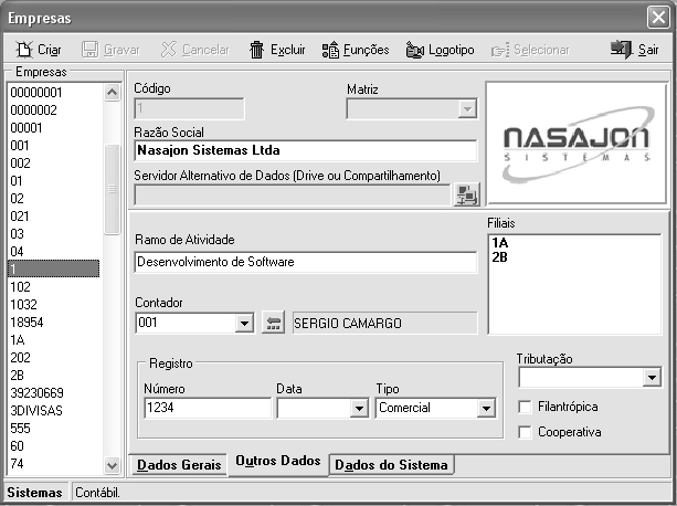 cadastrais da empresa (matriz ou filiais), registros, tributação,