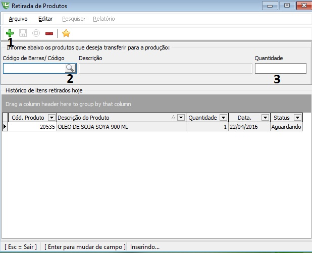 1 Clique no Botão Novo 2 Localize o produto que deseje transferir para a produção. 3 Informe a quantidade.