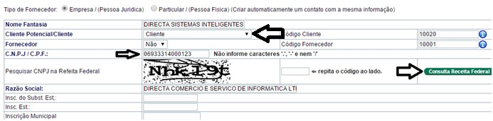 Basta informar o CNPJ e clicar no botão Consulta Receita Federal que o APLWeb irá preencher a ficha da pessoa conforme os dados existentes na Receita Federal.