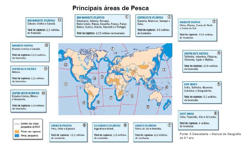 A Atividades Piscatória As principais áreas de pesca localizam-se nos oceanos Atlântico e Pacífico, designadamente no Nordeste do Atlântico (região da