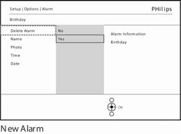 Navegue para a direita e para baixo para ir para o nome do evento. Navegue para a direita para ir para "Delete Alarm" (Eliminar alarme).