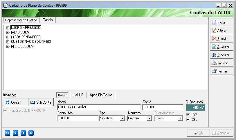 Rotina: Módulo Contábil> Cadastros> Plano de Contas> Aba LALUR