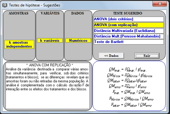 Observa que nesse caso vários testes foram sugeridos. A partir desse ponto, o usuário deve selecionar qual deles é mais adequado para seu objetivo.