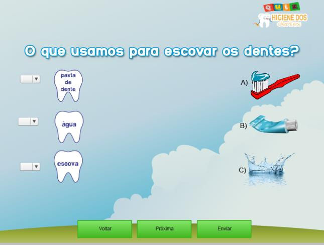 Demonstrações Figura 7: Quiz Higiene dos dentes: Perguntas/Repostas Figura 10: Quiz Higiene dos dentes: Perguntas/Repostas Por fim, a Figura 10 reproduz a pontuação obtida pelo usuário, a pontuação