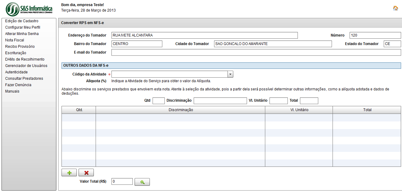 Inicialmente o usuário deverá informar dados do recibo (número e data da emissão) para depois informar dados da nota.