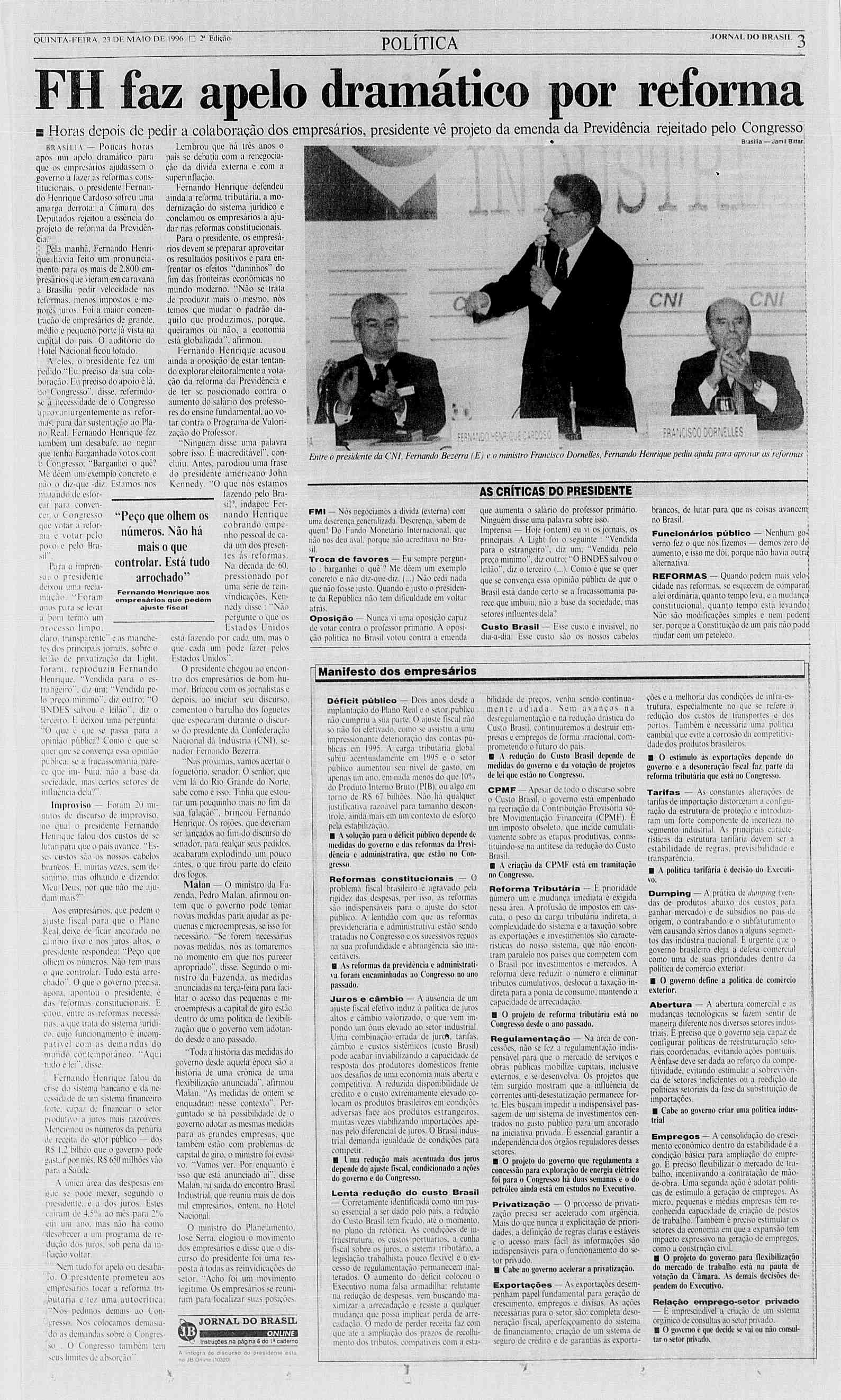 QUNTA-FERA. 23 DE MAO DE 1996 Cl 2a Edição POLÍTCA ORNA.