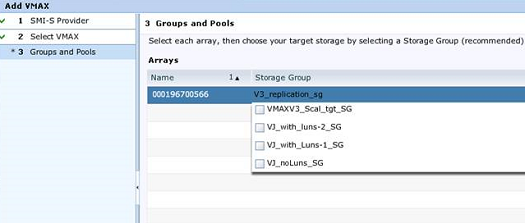Configuração e gerenciamento de recursos Obs. Depois de fazer upgrade para o AppSync 2.2.2, ou após o upgrade do provedor de SMI-S, detecte novamente todos os arrays VMAX no AppSync.